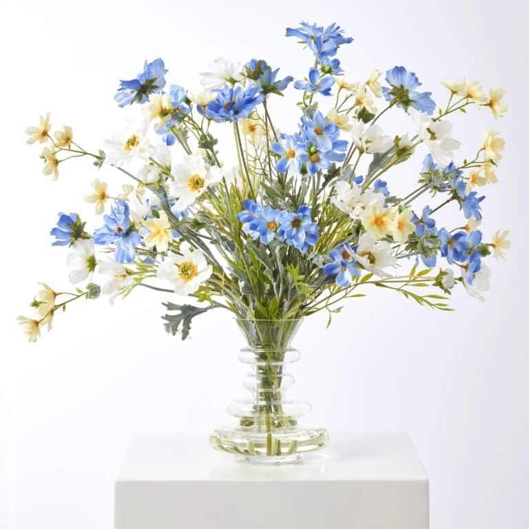 Wildflower Mixed Cosmos Bouquet In Tiered Modern Glass Vase Everyday Spring Water Illusion Arrangement