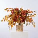 Alternate angle of the Golden Hour Fall Hydrangea, Birch Rattan Vase showing bloom arrangement in