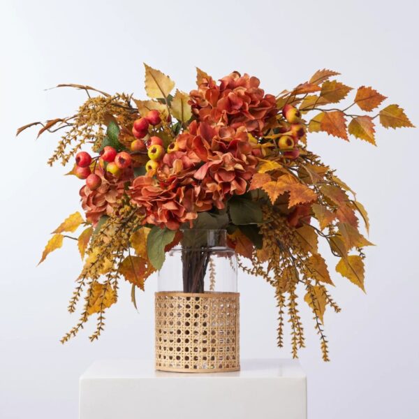 Golden Hour Fall Hydrangea, Birch Leaf, Orange Crater Berry Rattan Vase