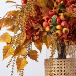 Close-up of vase silhouette detail on this Golden Hour Fall Hydrangea, Birch Rattan Vase