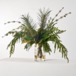 Yuletide Greenery - Norfolk and Scotch Pine, Magnolia Leaves Painted Glass Vase Centerpiece