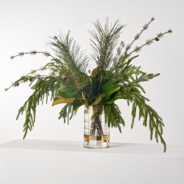 Yuletide Greenery - Norfolk and Scotch Pine, Magnolia Leaves Painted Glass Vase Centerpiece