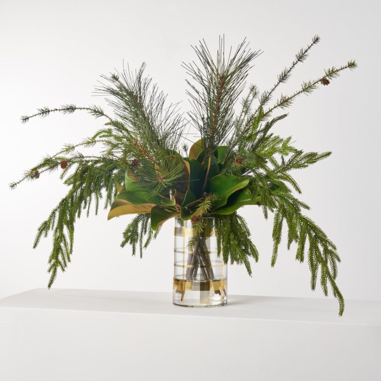 Yuletide Greenery - Norfolk and Scotch Pine, Magnolia Leaves Painted Glass Vase Centerpiece