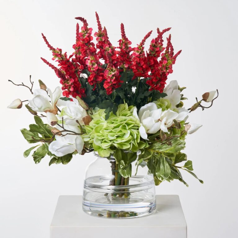 Festive Holiday Blooms - Red Delphinium, Green Hydrangea, Vase Christmas Arrangement - Red and