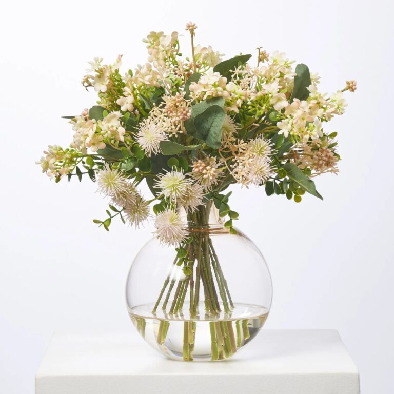 Fuzzy Navel - Peach Thistle Pods and Blush Waxflower Ball Amber Vase - Peach