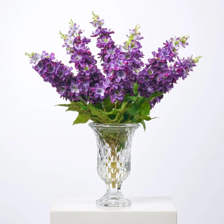 Purple Lavender Delphinium Blooms in Crystal Cut Footed Urn Vase