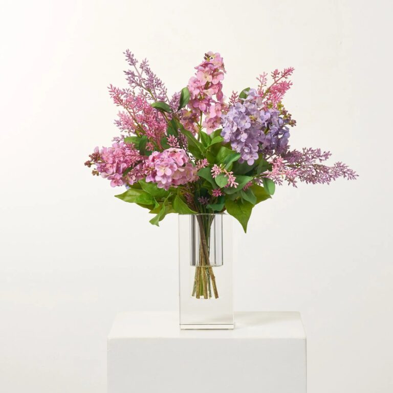 Close-up of vase silhouette detail on this Real Touch Purple and Lavender Block Glass Vase