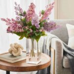 Real Touch Purple and Lavender Seeding Lilac Blooms In Crystal Cut Block Glass Vase