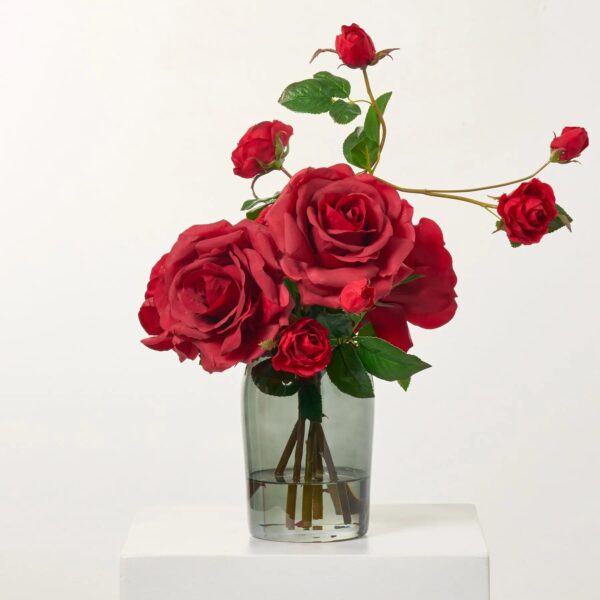 Real Touch Red Diana Roses and Floribunda Climbing Rose In Smoke Glass Vase