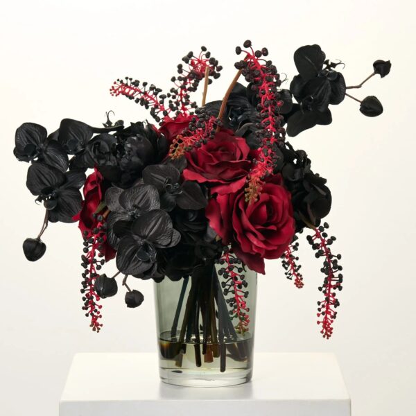 Gothic Romance Noir - Red Queen Rose, Black Magic Water Illusion Arrangement - Black and