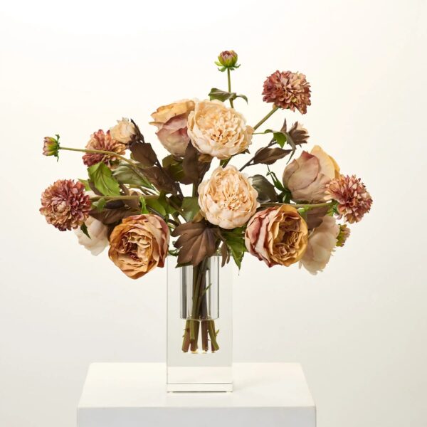 Autumnal Beauty - Beige Brown Dried Look Rose, Dahlia Crystal Block Vase - Beige and