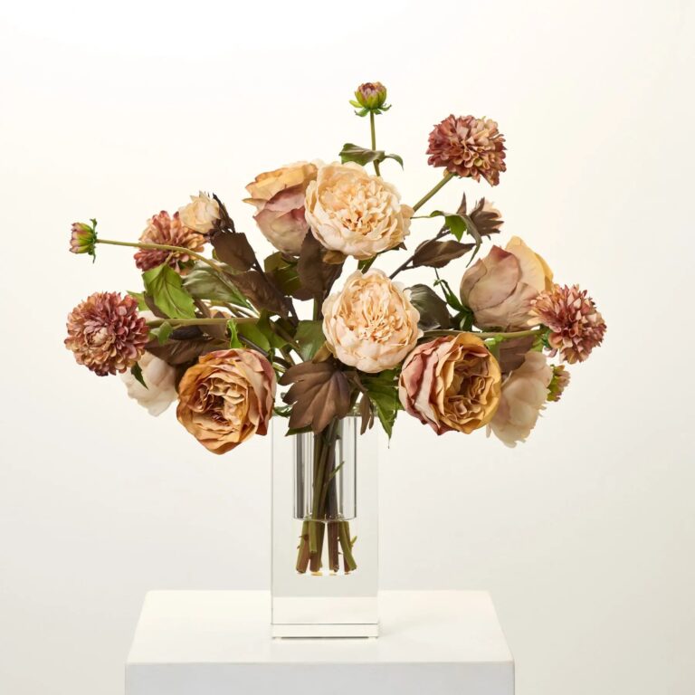 Autumnal Beauty - Beige Brown Dried Look Rose, Dahlia Crystal Block Vase - Beige and