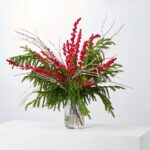 Winter's Gifts - Red Ilex Berry, Snowy Branch Vase Holiday Arrangement Centerpiece Water Illusion