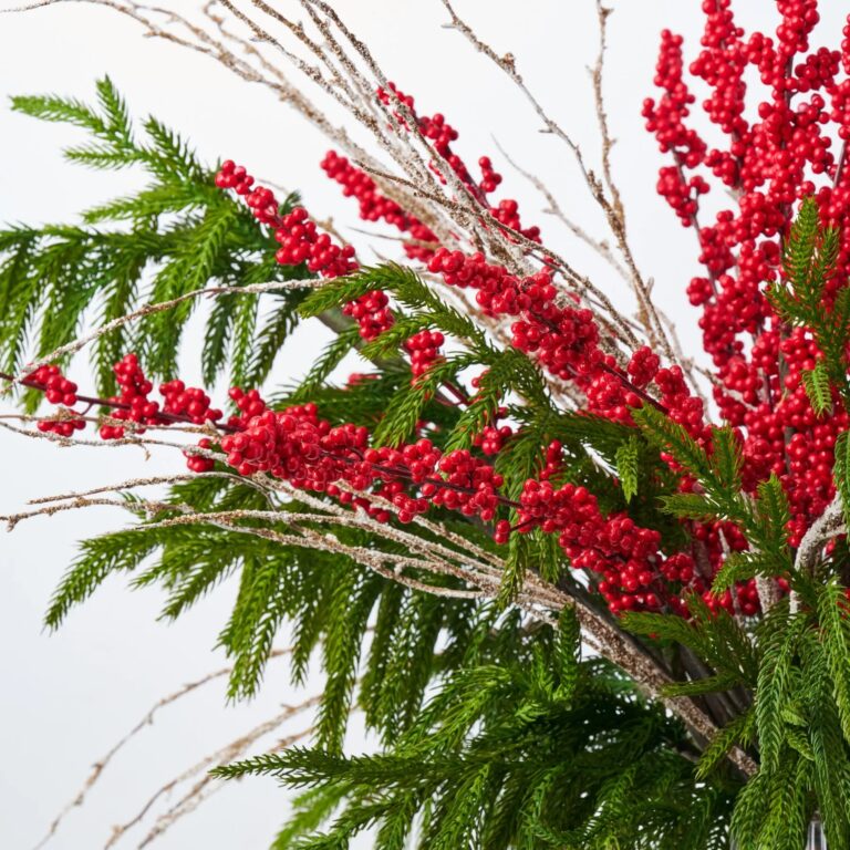 Close-up of vase silhouette detail on this Winter's Gifts - Red Ilex Vase Holiday Arrangement