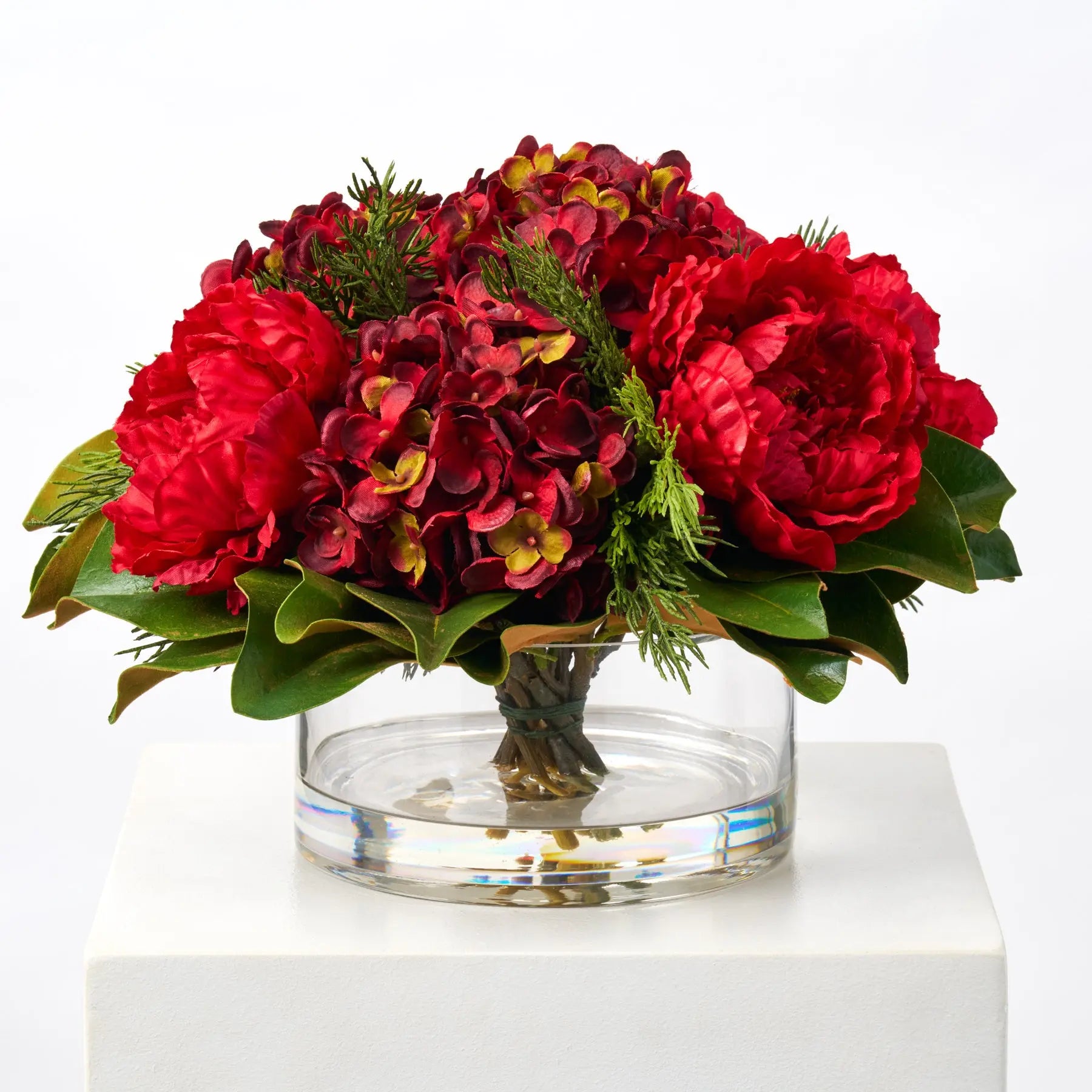 FAR1491HolidayAffair-ChristmasRedPeony_BurgundyHydrangeawithRealTouchMagnolia_Cedar.jpg Holiday Affair - Christmas Red Peony, Burgundy Hydrangea Illusion Centerpiece Arrangement