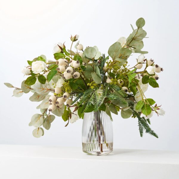 Winter Wishes - Real Touch White Vine Rose, Iced Rigid Glass Vase