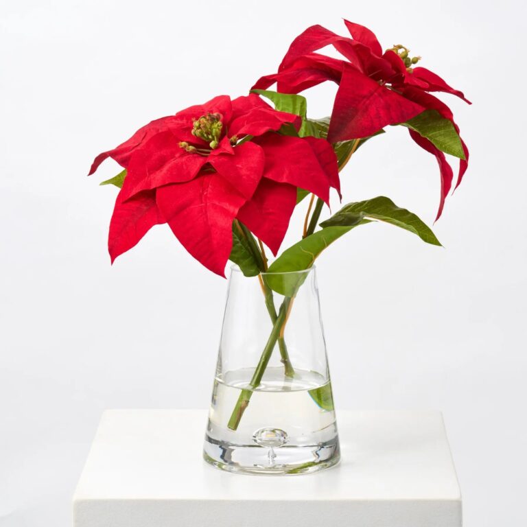 Lifelike Christmas Red Velvet Poinsettia Blooms in Pyramid Vase Holiday Water Illusion Arrangement
