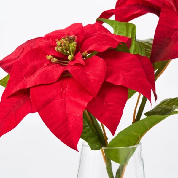 Close-up of vase silhouette detail on this Lifelike Christmas Red Velvet Poinsettia Water Illusion Arrangement