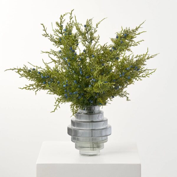 Blue Juniper Berry Branches in Smoke Chandelier Vase Winter Water Illusion Arrangement - Green and
