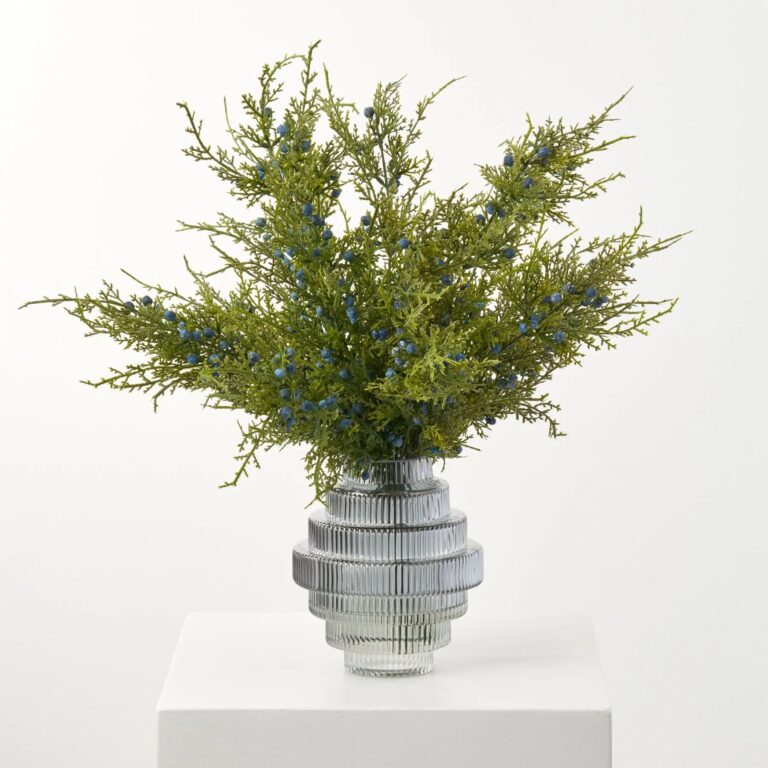Blue Juniper Berry Branches in Smoke Chandelier Vase Winter Water Illusion Arrangement - Green and
