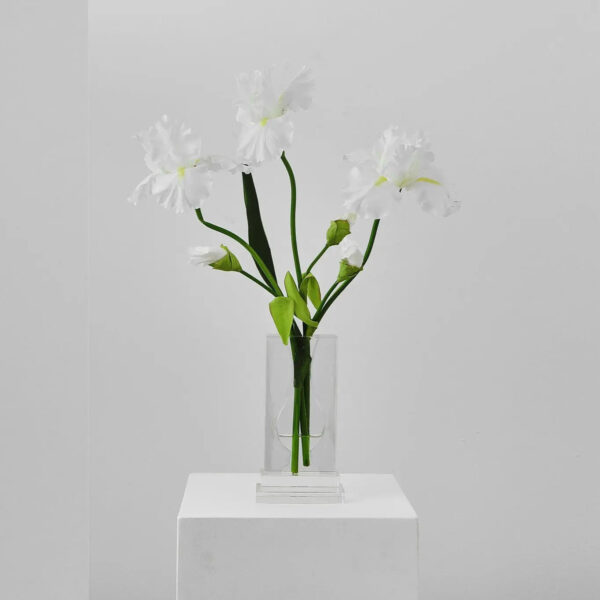 Large Lifelike White Iris Blooms in Crystal Glass Block Vase All Season Water Illusion Arrangement