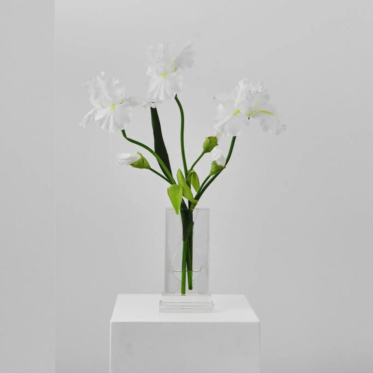 Large Lifelike White Iris Blooms in Crystal Glass Block Vase All Season Water Illusion Arrangement
