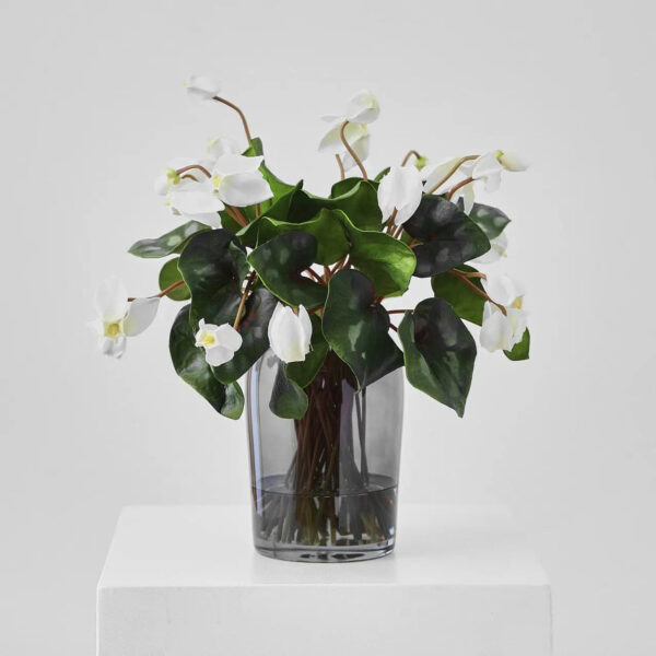 Lifelike White Cyclamen Blooms and Leaf in Smoke Glass Vase Everyday Water Illusion Floral Arrangement