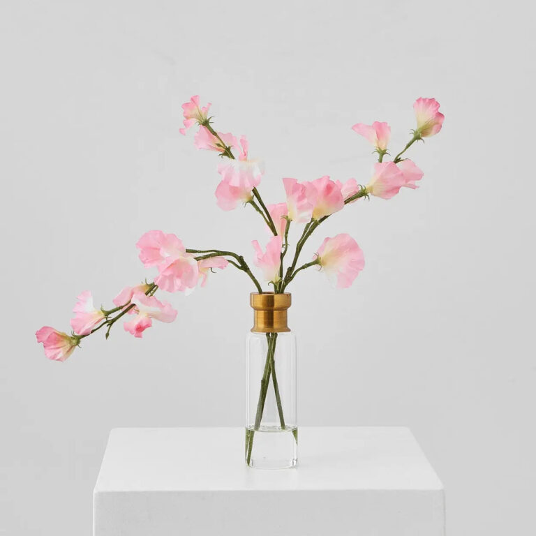 Light Pink Realistic Sweet Pea Vines in Gold Rim Bottle Vase Floral Water Illusion Arrangement