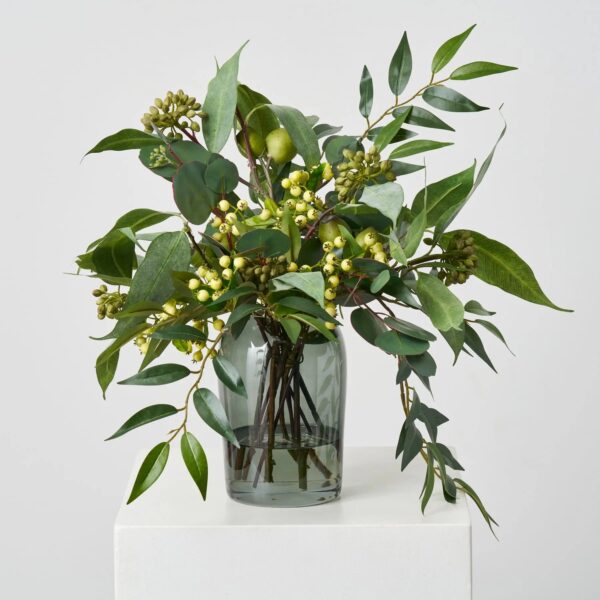 Lifelike Seed Pod Needle Leaf and Silver Dollar Eucalyptus, Smoke Glass Vase