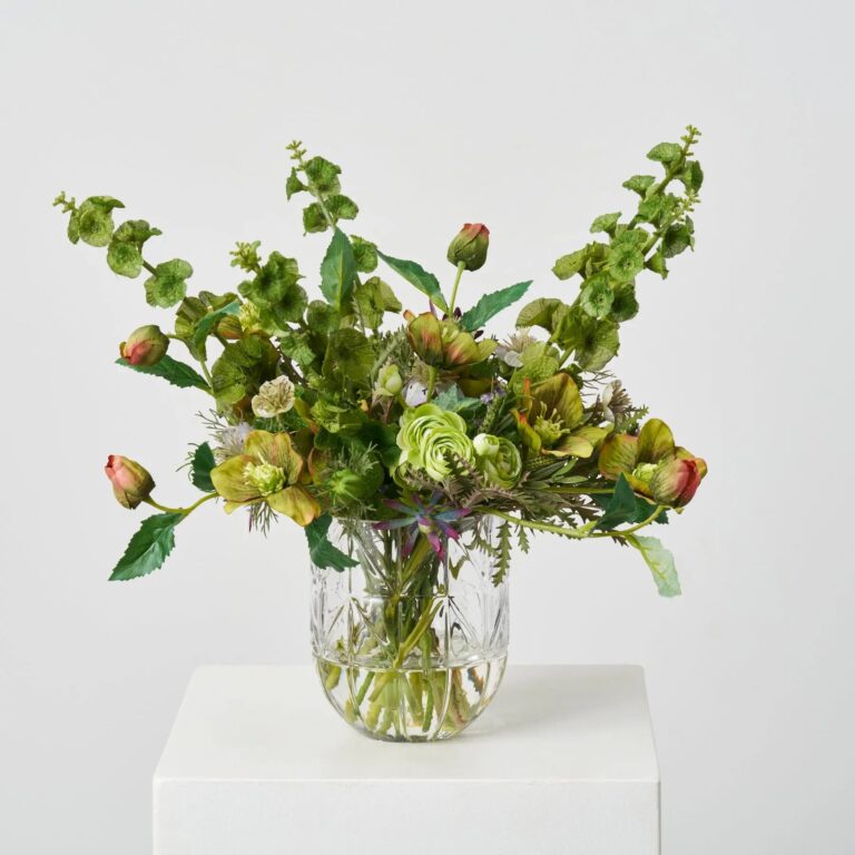Verdant Meadow - Mixed Wild Greenery, Chartreuse Hellebores, Bells Water Illusion Arrangement