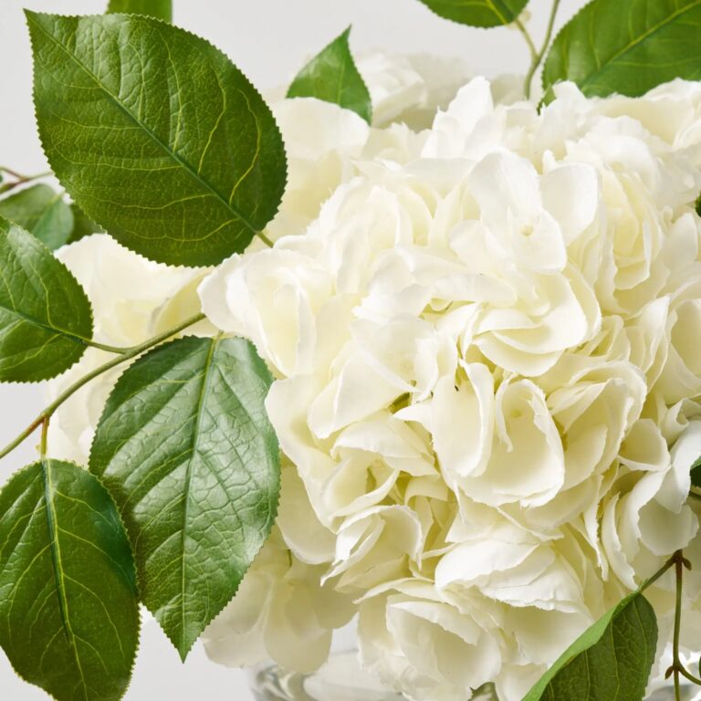 Close-up of vase silhouette detail on this Full Bloom Lifelike White Hydrangea Water Illusion Arrangement