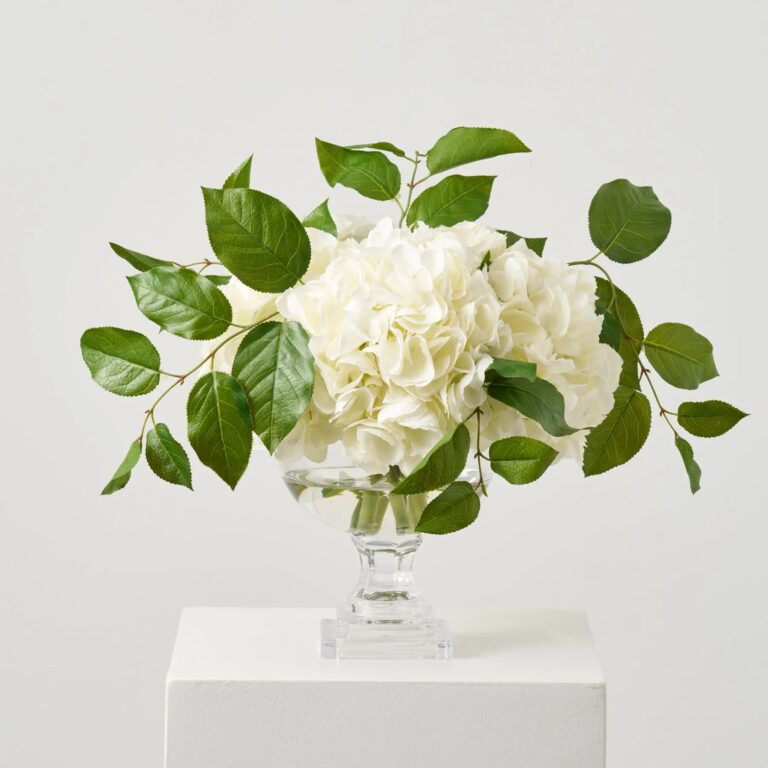 Full Bloom Lifelike White Hydrangea and Salal Leaf Greenery Water Illusion Arrangement - White