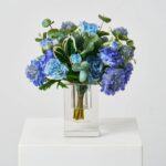 Little Luxuries - Real Touch Mixed Blue Lisanthus, Scabiosa, Crystal Block Vase