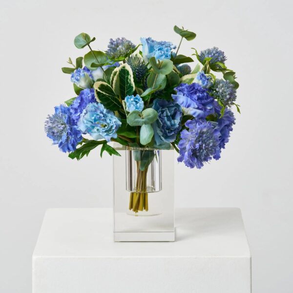 Little Luxuries - Real Touch Mixed Blue Lisanthus, Scabiosa, Crystal Block Vase