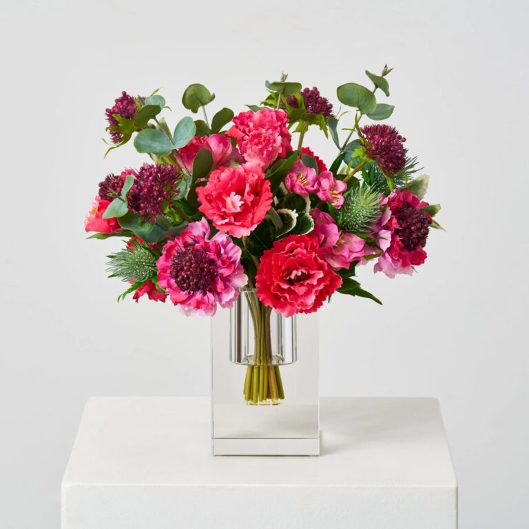 Little Luxuries - Real Touch Fuchsia Pink Lisanthus, Scabiosa, Crystal Block Vase