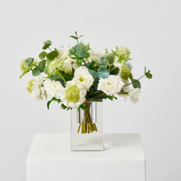 Little Luxuries - Real Touch White and Green Lisanthus, Crystal Block Vase