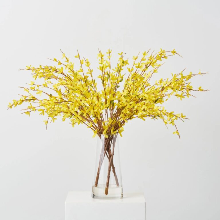 Lifelike Yellow Forsythia Branches in Tapered Cylinder Vase Everyday Centerpiece Water Illusion Arrangement