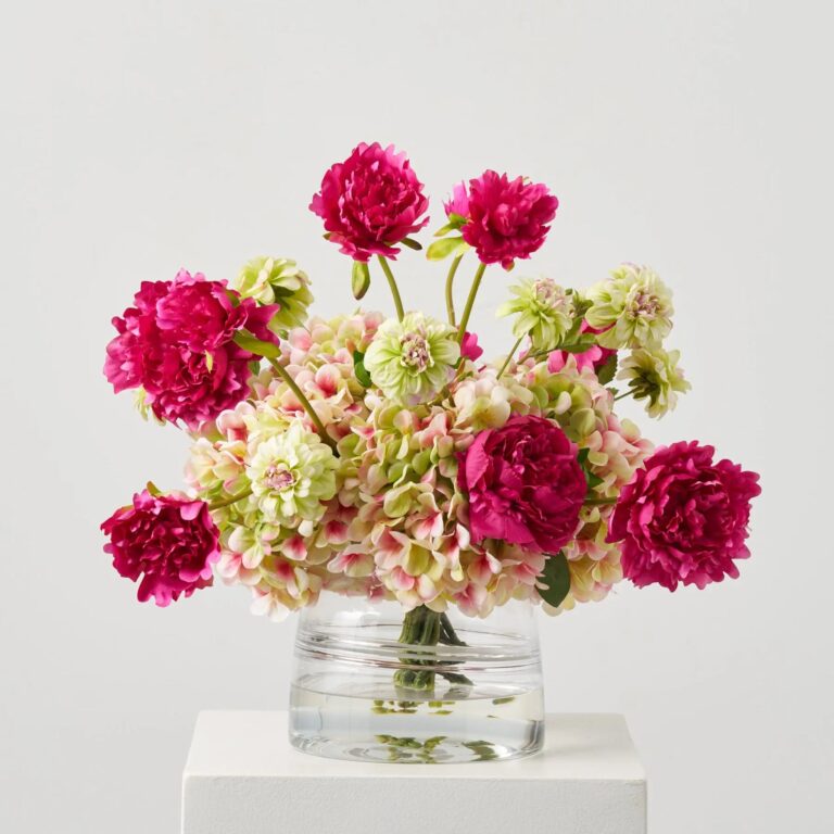 Lifelike Green Pink Hydrangea, Fuchsia Peony and Mini Dahlia Illusion Flower Arrangement - Green and