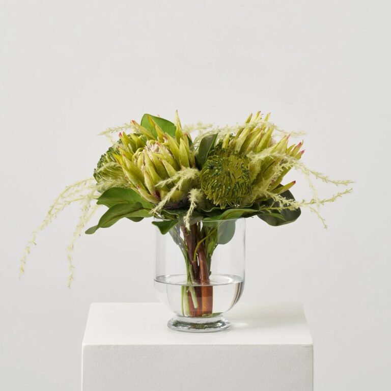 Protea Paradise - Lifelike Green King and Pincushion Proteas Water Illusion Arrangement