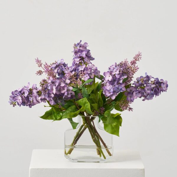 Real Touch Purple Lilac Blooms and Seeding Branches in Factice Vase Spring Water Illusion Arrangement