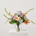 Spring Awakening - Light Blue Hydrangea, Orange Cosmos, Lavender Beveled Vase