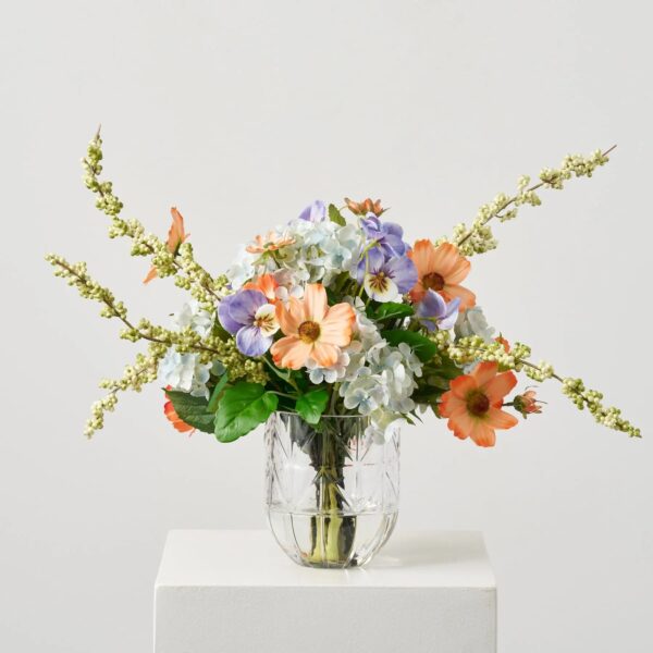 Spring Awakening - Light Blue Hydrangea, Orange Cosmos, Lavender Beveled Vase
