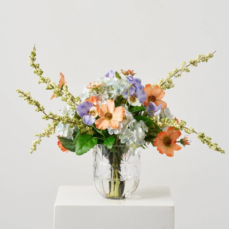 Spring Awakening - Light Blue Hydrangea, Orange Cosmos, Lavender Beveled Vase