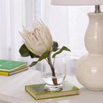 Alternate angle of the Realistic Large White King Protea Water Illusion Arrangement showing leaves along