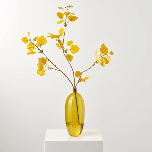 Yellow Aspen Leaf Branch in Golden Tone Bullet Vase Fall Water Illusion Arrangement