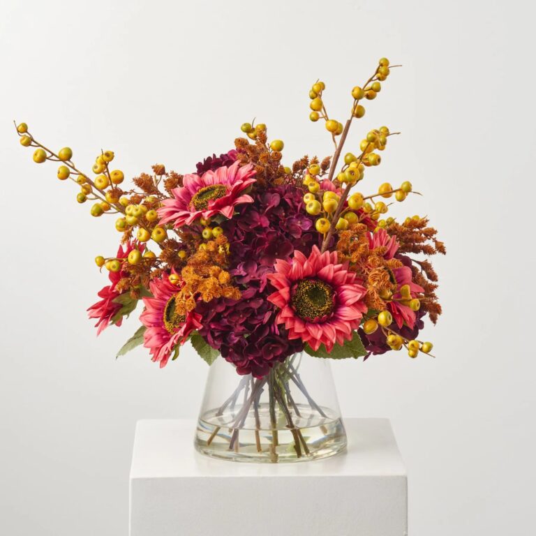 Close-up of vase silhouette detail on this Fall Sangria - Mauve Pink Fall Floral Arrangement