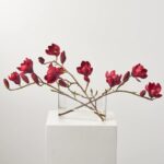Burgundy Red Blooming Magnolia Branches in Modern Oval Pocket Water Illusion Arrangement - Burgundy