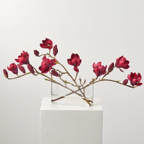 Burgundy Red Blooming Magnolia Branches in Modern Oval Pocket Water Illusion Arrangement - Burgundy