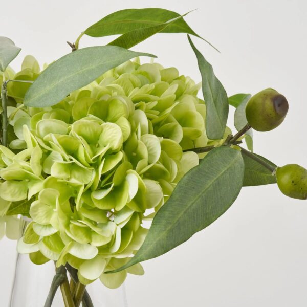 Close-up of vase silhouette detail on this Real Touch Green Hydrangea, Lifelike Water Illusion Arrangement