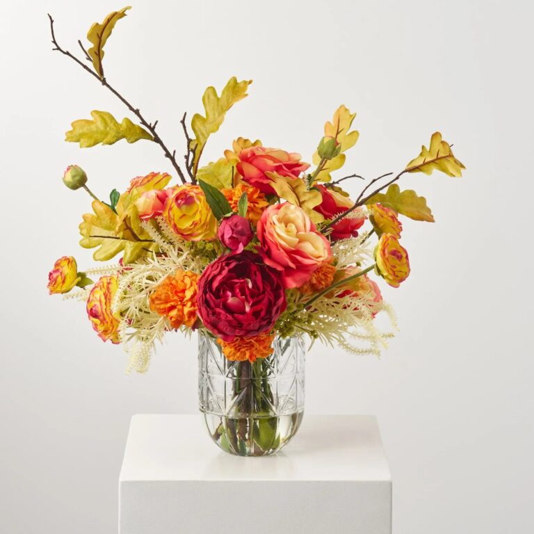 Autumn Sunrise Blooms - Red Peony, Flame Rose, Orange Water Illusion Arrangement - Red and